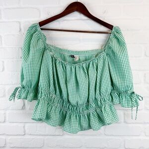 H&M Divided Green White Gingham Ruffle Crop Top Puff Sleeves XL